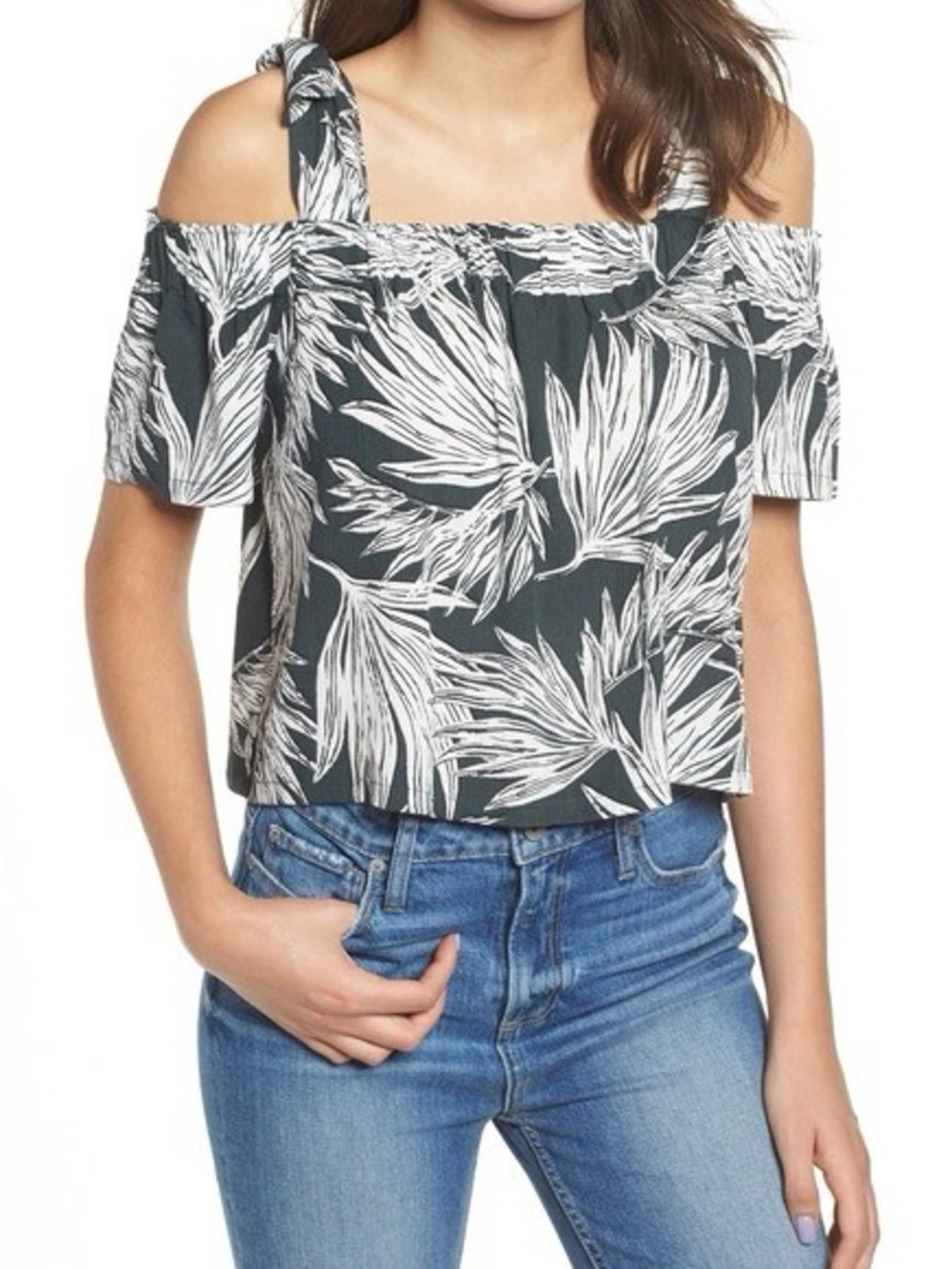 1 State Off-Shoulder Tropical Print Women’s Top in greenand White Small